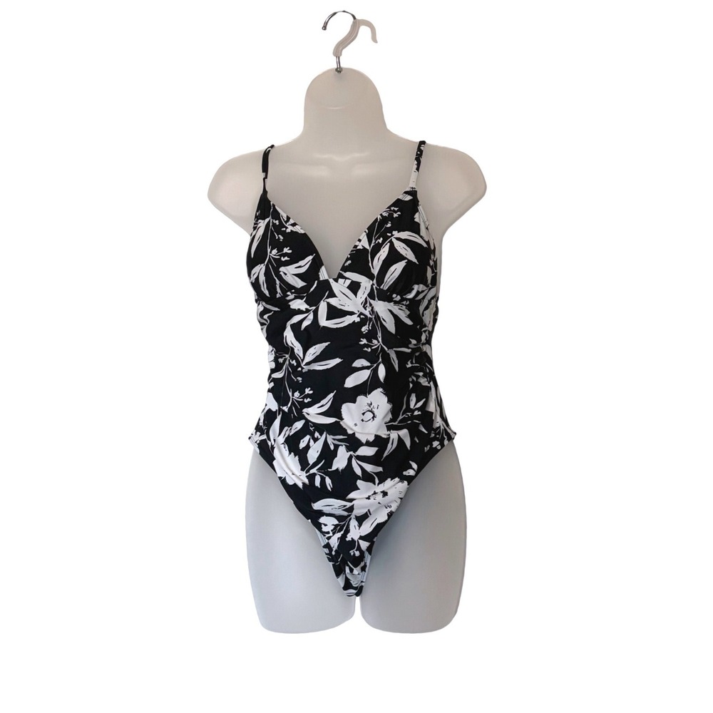 Floral Cheeky Cut One Piece Swimsuit V Neck Padded Black White Medium